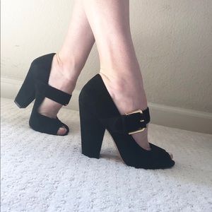 EUC Black suede Mary Jane peep toe